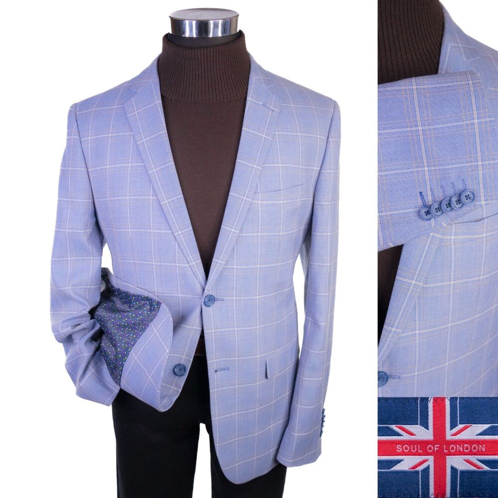Soul of London Blazer Sport Coat Plaid Blue Sz 46R Two Button Poly Blend Jacket
